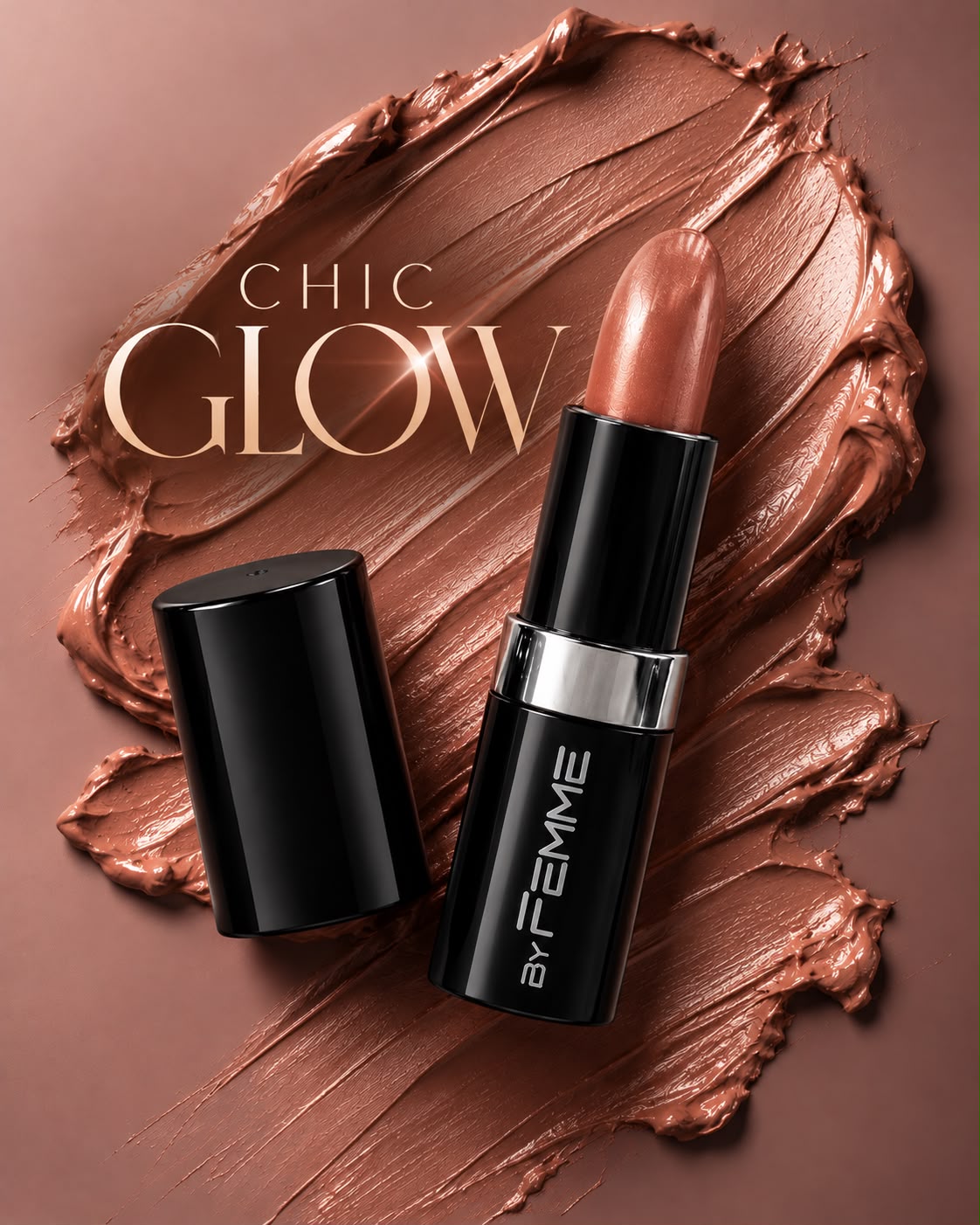 Batom Chic Glow By Femme aberto sobre uma pincelada da cor